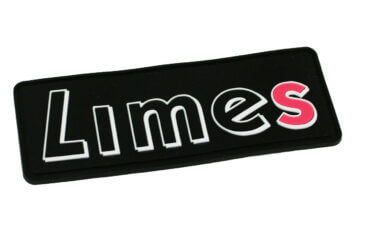 czarna prostokątna naszywka gumowa z biało-różowym napisem limes