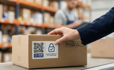 Zapakowany produkt z etykietą GPSR naklejoną na paczce.