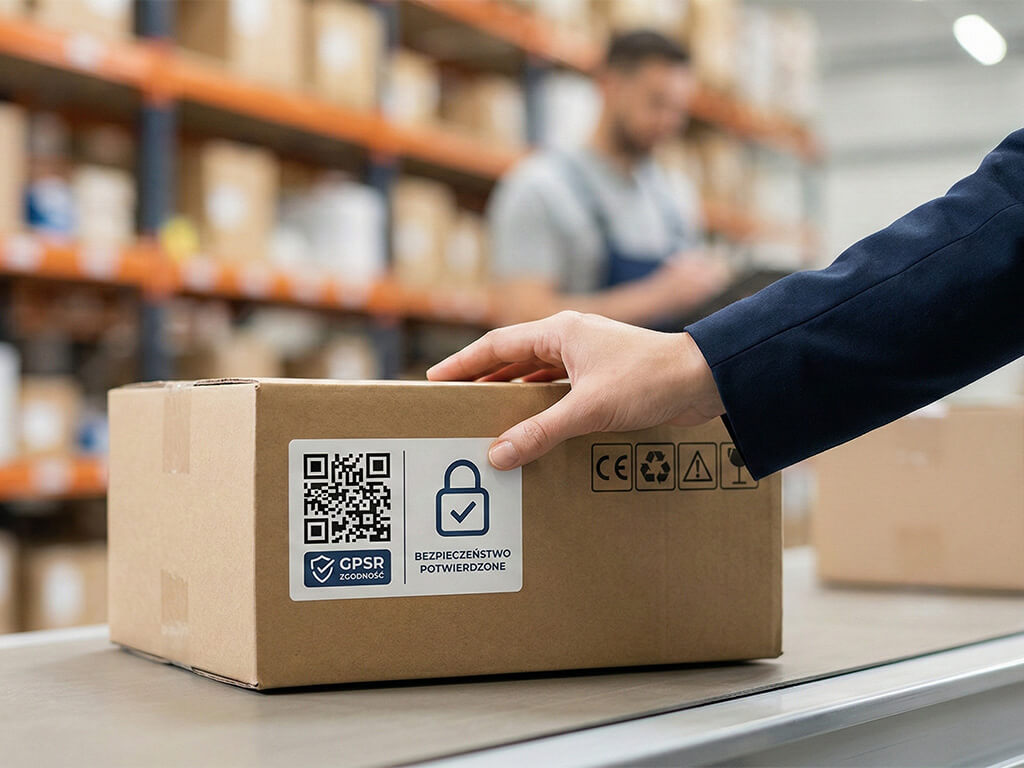Zapakowany produkt z etykietą GPSR naklejoną na paczce.